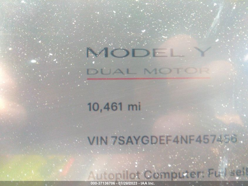 2022 TESLA MODEL Y - 7SAYGDEF4NF457456