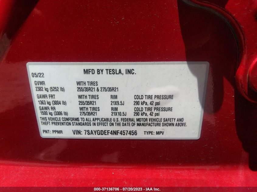 2022 TESLA MODEL Y - 7SAYGDEF4NF457456