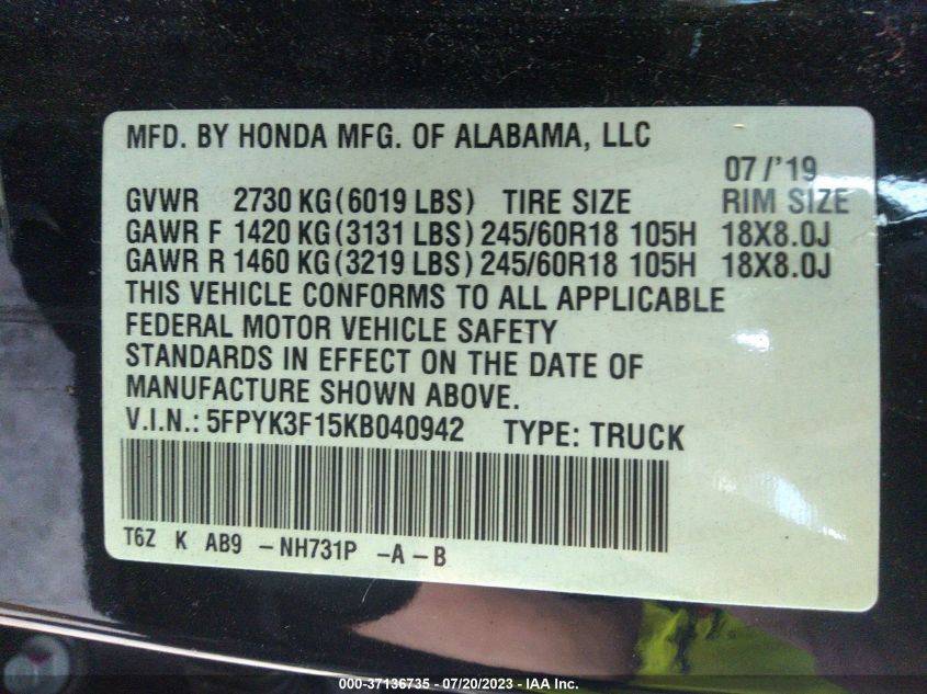2019 HONDA RIDGELINE SPORT - 5FPYK3F15KB040942
