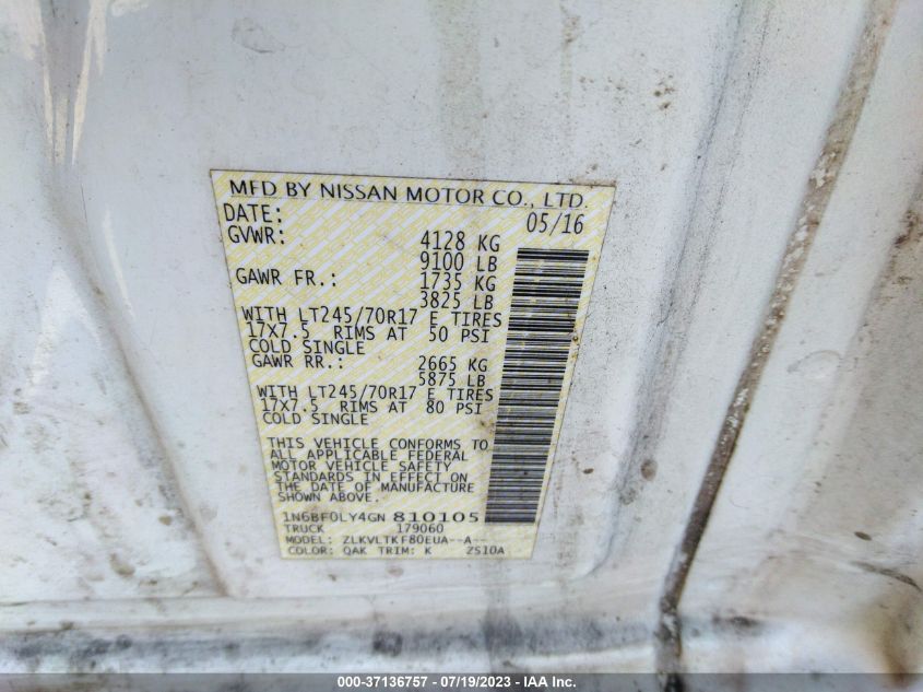 2016 NISSAN NV SV 1N6BF0LY4GN810105