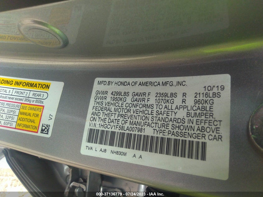 VIN 1HGCV1F58LA007981 2020 HONDA ACCORD SEDAN EX-L