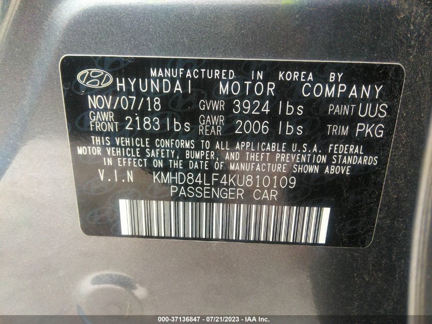 2019 HYUNDAI ELANTRA VALUE EDITION - KMHD84LF4KU810109