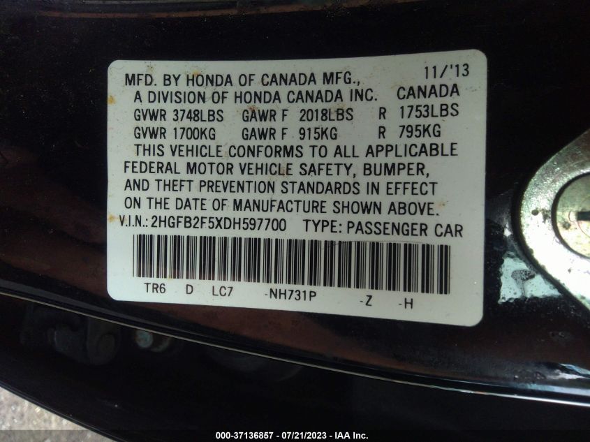 2013 HONDA CIVIC SDN LX - 2HGFB2F5XDH597700