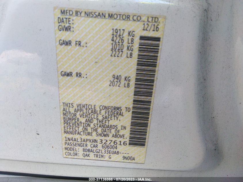 2017 NISSAN ALTIMA 2.5/S/SV/SL/SR - 1N4AL3APXHN327616