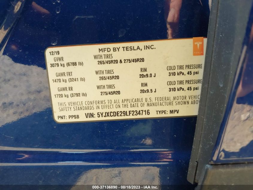 2020 TESLA MODEL X LONG RANGE - 5YJXCDE29LF234716