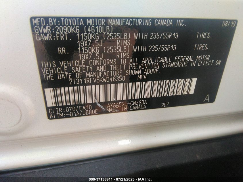 2019 TOYOTA RAV4 LIMITED - 2T3Y1RFV5KW046350