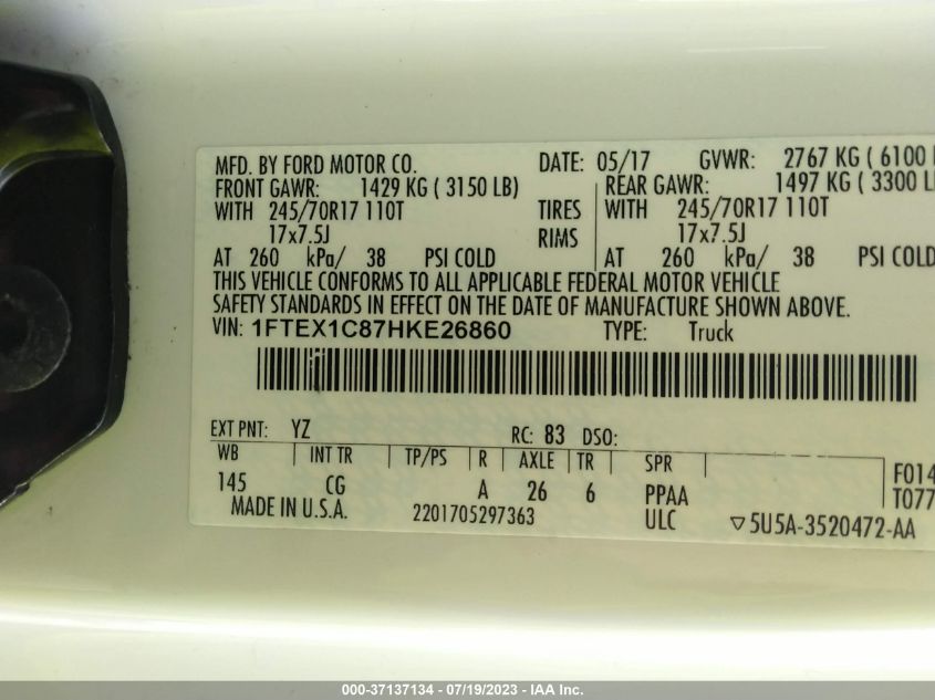 2017 FORD F-150 XL/XLT - 1FTEX1C87HKE26860