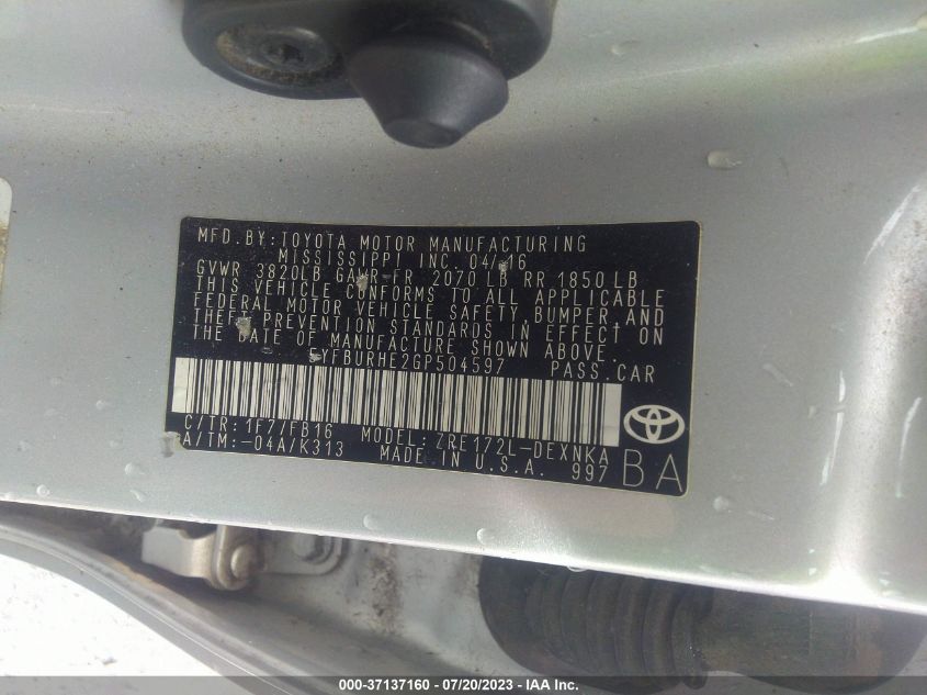 2016 TOYOTA COROLLA L/LE/S/S PLUS/LE PLUS - 5YFBURHE2GP504597