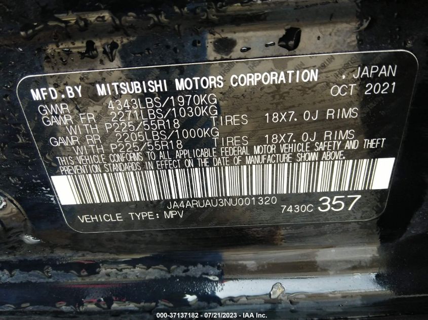 2022 MITSUBISHI OUTLANDER SPORT ES/LE/SE - JA4ARUAU3NU001320