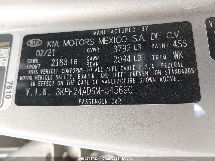 2021 KIA FORTE LXS - 3KPF24AD6ME345690