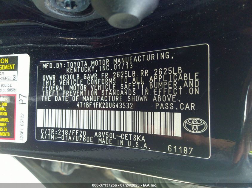 2013 TOYOTA CAMRY L/LE/SE/XLE - 4T1BF1FK2DU643532