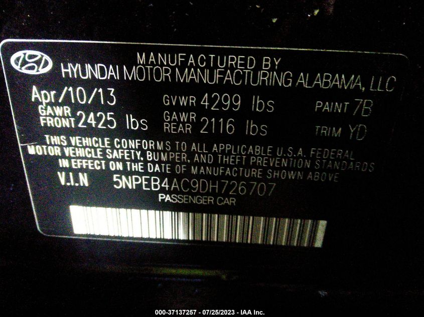 2013 HYUNDAI SONATA GLS PZEV - 5NPEB4AC9DH726707