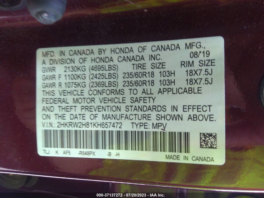 2019 HONDA CR-V EX-L - 2HKRW2H81KH657472