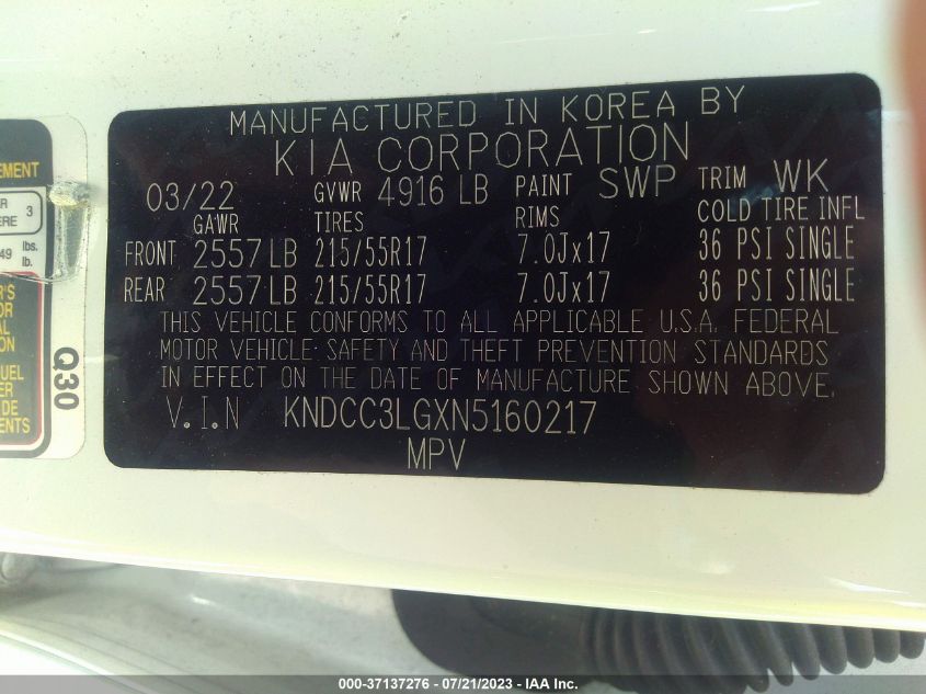 2022 KIA NIRO EV S KNDCC3LGXN5160217