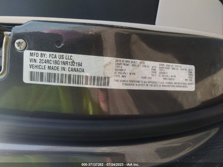 2022 CHRYSLER PACIFICA TOURING L - 2C4RC1BG1NR132194