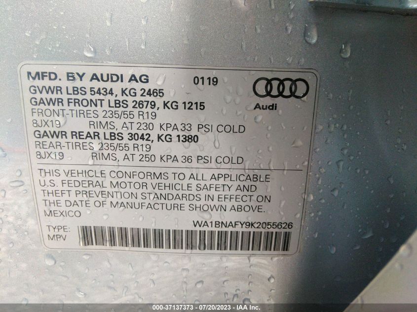 WA1BNAFY9K2055626 2019 AUDI Q5, photo no. 9