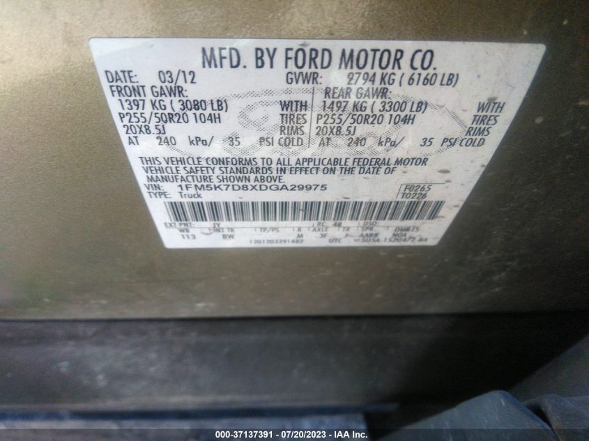 2013 FORD EXPLORER XLT - 1FM5K7D8XDGA29975