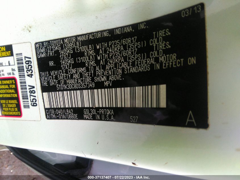 2013 TOYOTA SIENNA XLE AAS/XLE/LTD - 5TDYK3DC8DS357349