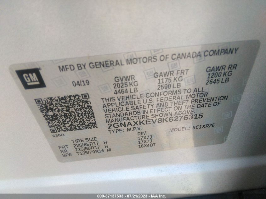 2019 CHEVROLET EQUINOX LT - 2GNAXKEV8K6276315