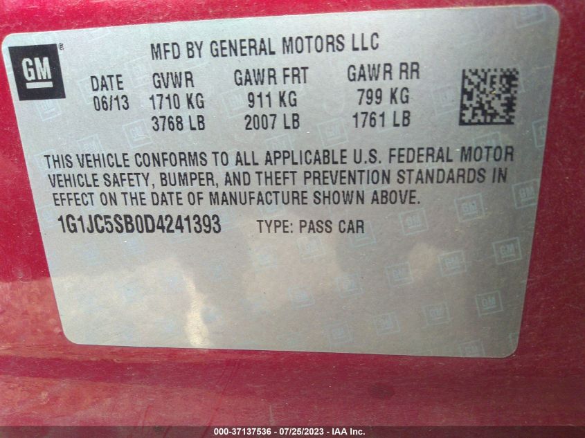 2013 CHEVROLET SONIC LT - 1G1JC5SB0D4241393