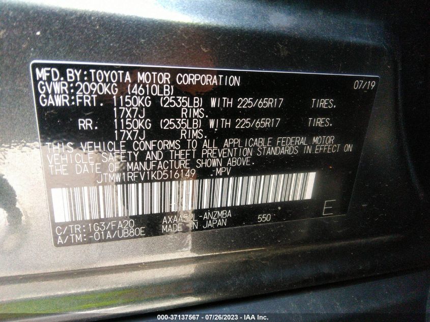 2019 TOYOTA RAV4 XLE/XLE PREMIUM - JTMW1RFV1KD516149