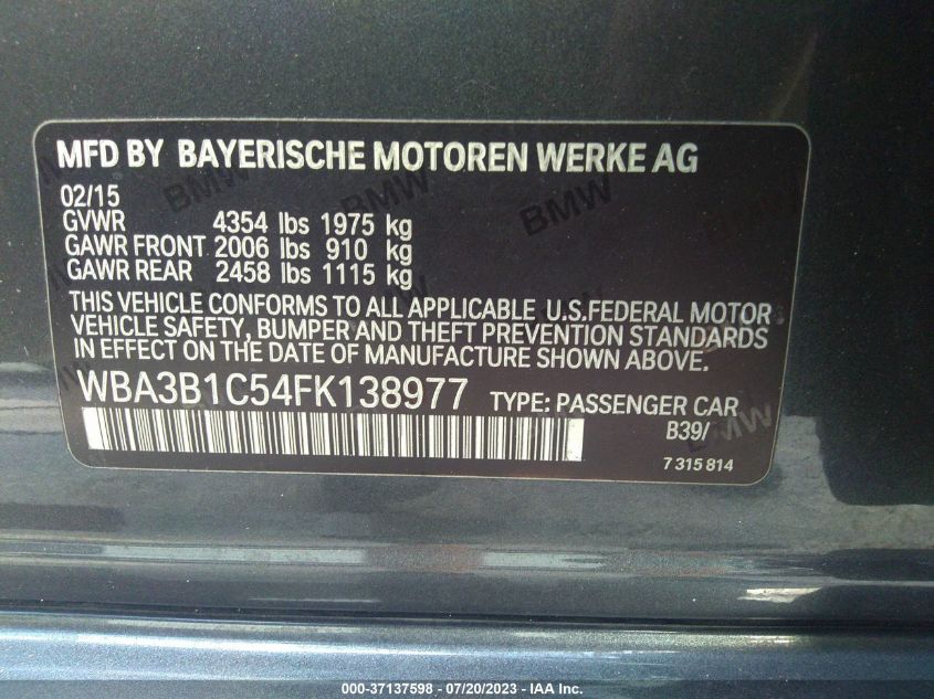 2015 BMW 3 SERIES 320I - WBA3B1C54FK138977
