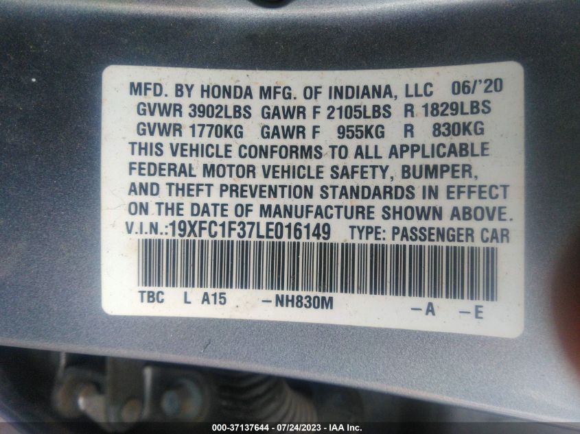 2020 HONDA CIVIC SEDAN EX - 19XFC1F37LE016149