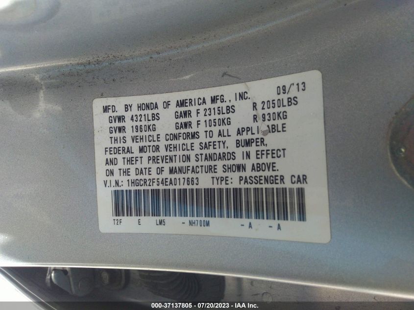 2014 HONDA ACCORD SEDAN SPORT - 1HGCR2F54EA017663