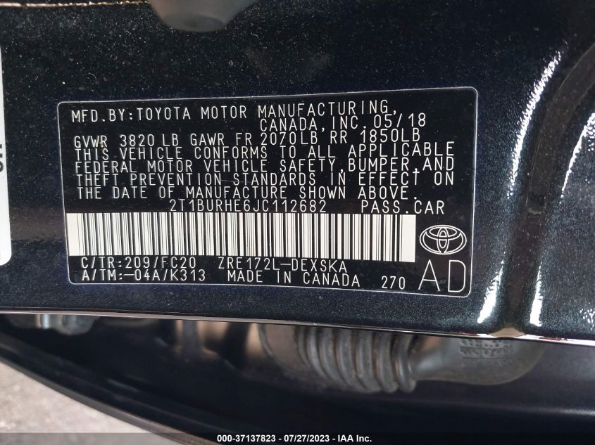 2018 TOYOTA COROLLA L/LE/XLE/SE/XSE - 2T1BURHE6JC112682