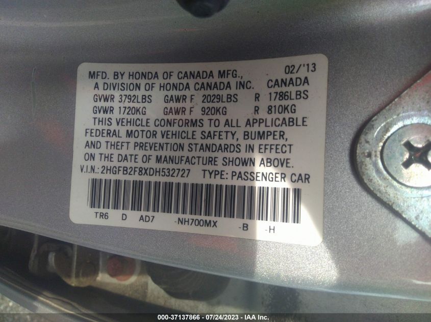 2013 HONDA CIVIC SDN EX - 2HGFB2F8XDH532727