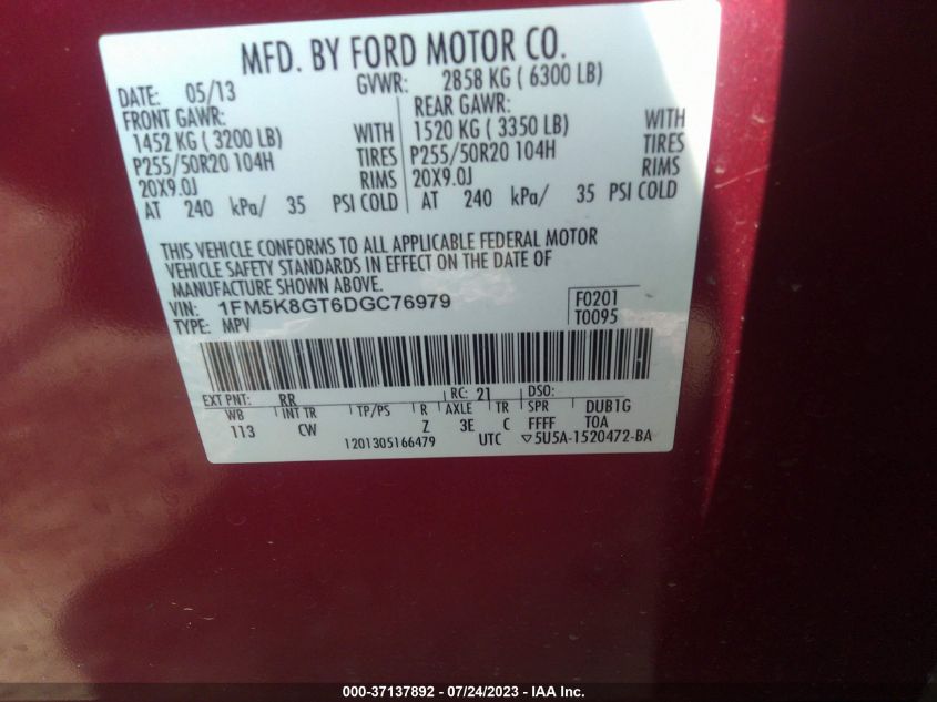 2013 FORD EXPLORER SPORT - 1FM5K8GT6DGC76979