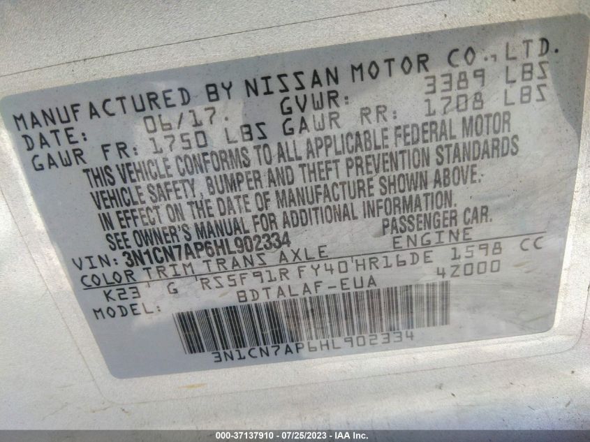 2017 NISSAN VERSA SEDAN S - 3N1CN7AP6HL902334