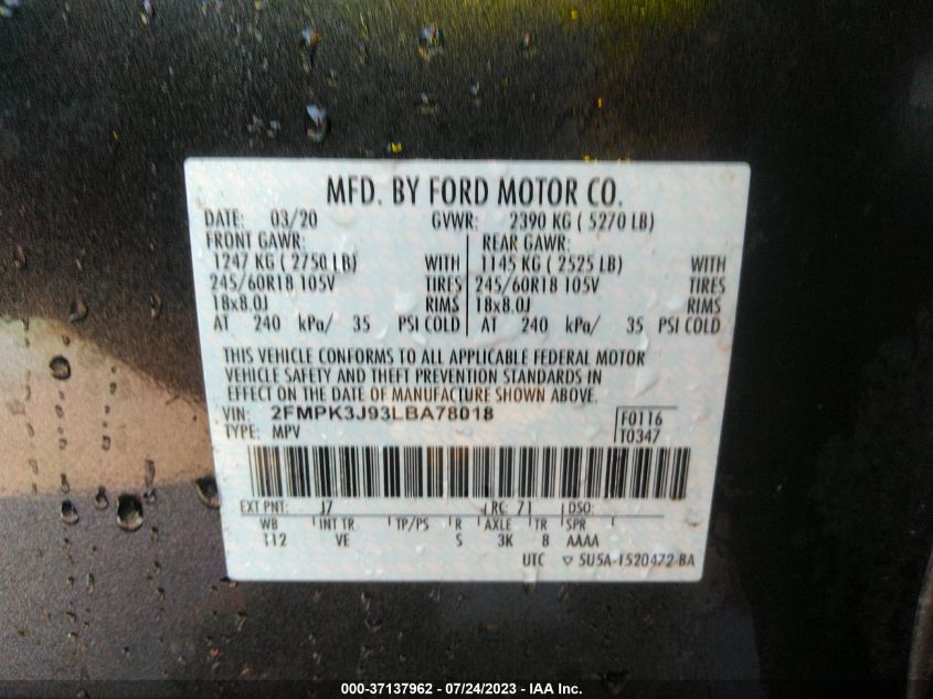 2020 FORD EDGE SEL/ST LINE - 2FMPK3J93LBA78018