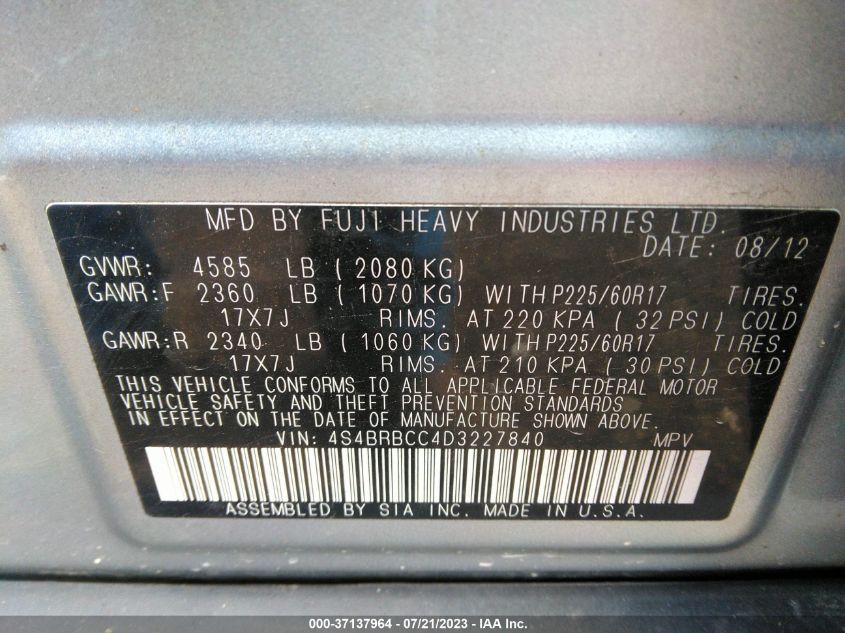 2013 SUBARU OUTBACK 2.5I PREMIUM - 4S4BRBCC4D3227840