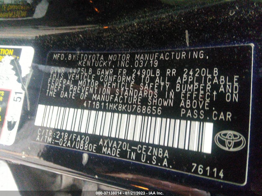 2019 TOYOTA CAMRY L/LE/XLE/SE/XSE - 4T1B11HK8KU768656