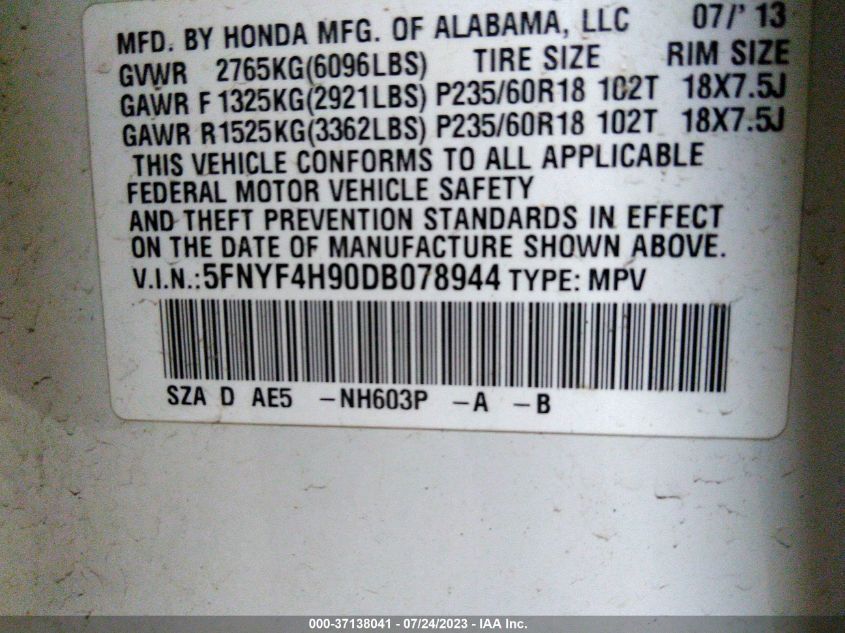 2013 HONDA PILOT TOURING - 5FNYF4H90DB078944