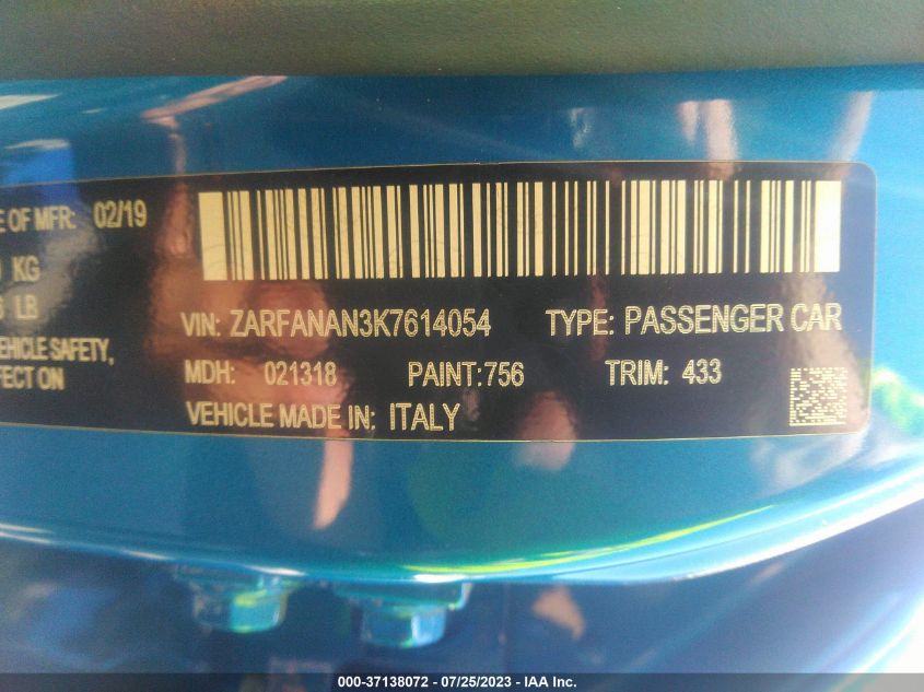 2019 ALFA ROMEO GIULIA SPORT - ZARFANAN3K7614054
