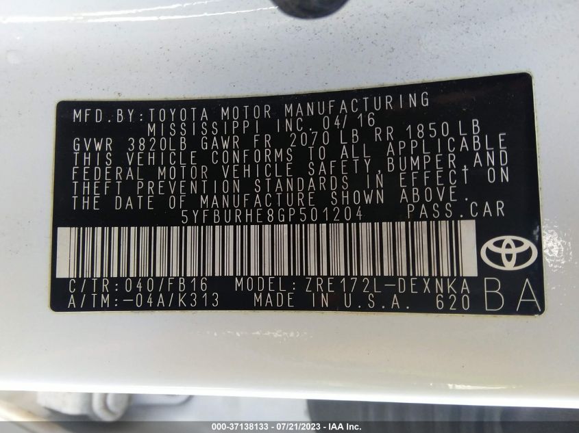 2016 TOYOTA COROLLA L/LE/S/S PLUS/LE PLUS - 5YFBURHE8GP501204