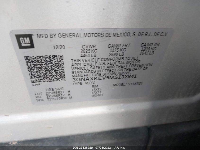 2021 CHEVROLET EQUINOX LT - 3GNAXKEV5MS132841