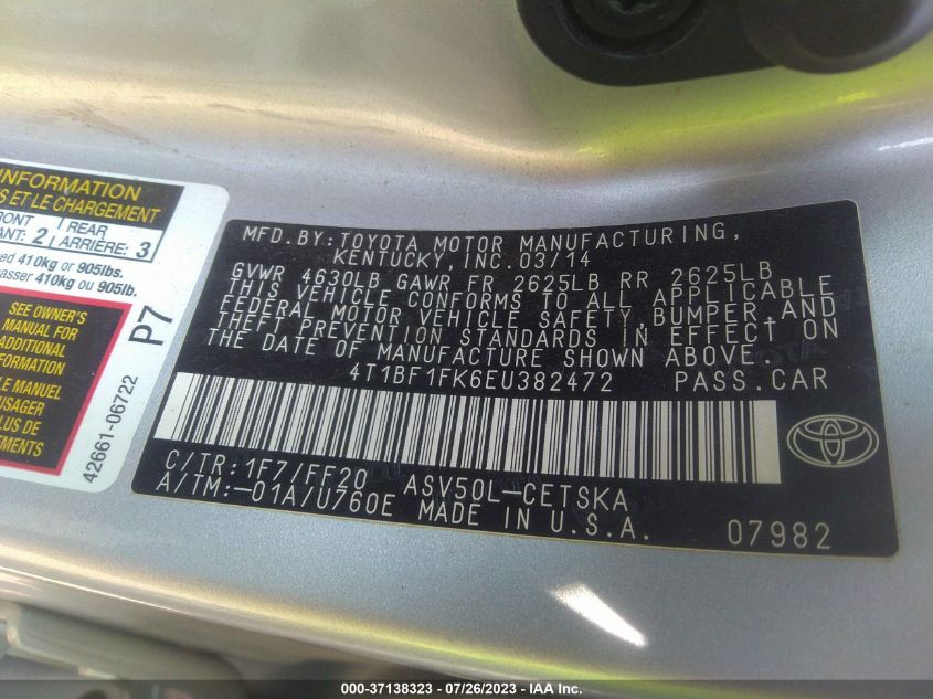 2014 TOYOTA CAMRY L/LE/XLE/SE/SE SPORT - 4T1BF1FK6EU382472