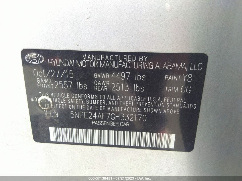 2016 HYUNDAI SONATA 2.4L SE - 5NPE24AF7GH332170