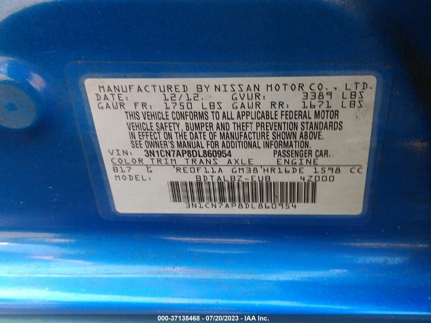 2013 NISSAN VERSA SV - 3N1CN7AP8DL860954