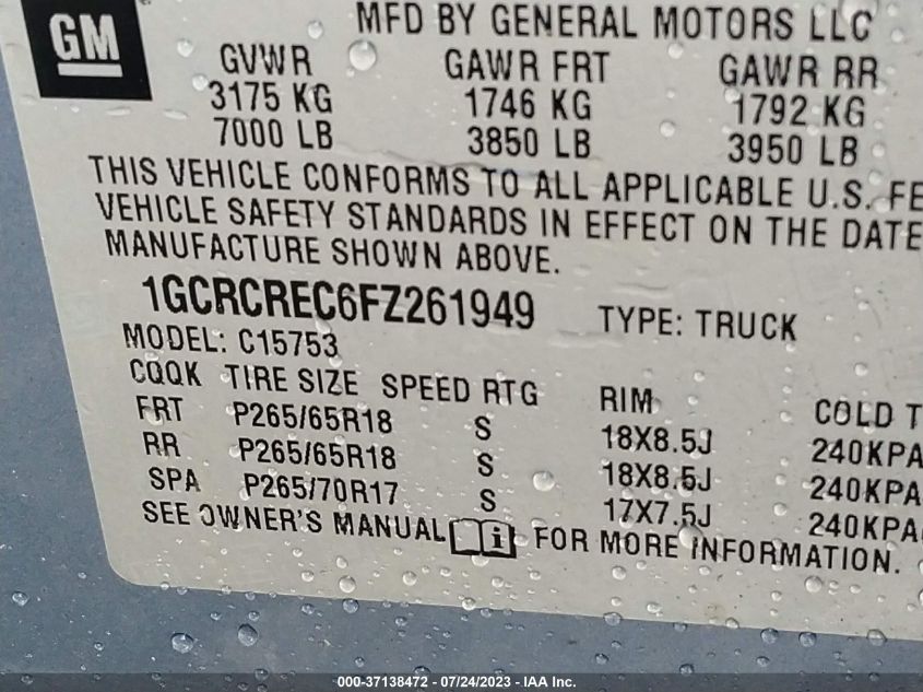 2015 CHEVROLET SILVERADO 1500 LT - 1GCRCREC6FZ261949