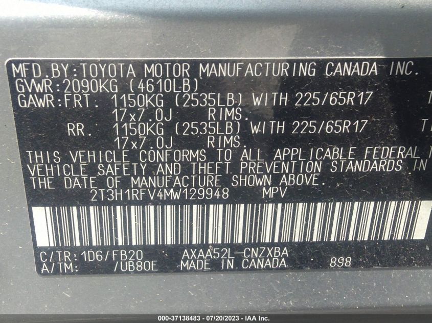 2021 TOYOTA RAV4 LE - 2T3H1RFV4MW129948