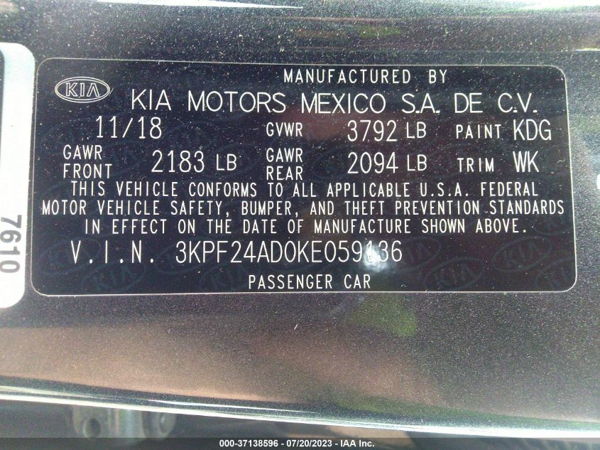 2019 KIA FORTE LXS - 3KPF24AD0KE059136