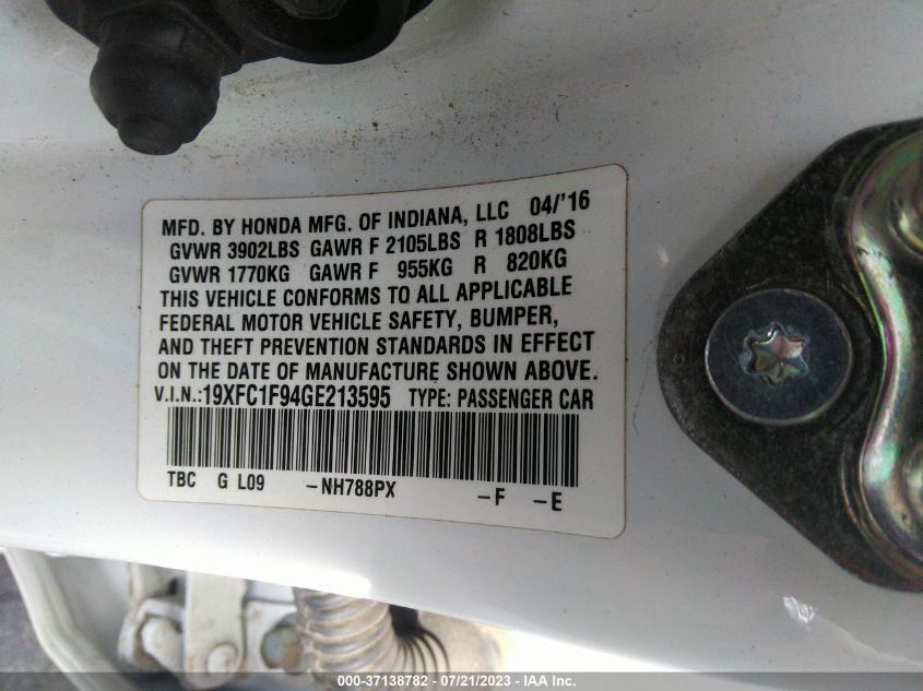 2016 HONDA CIVIC SEDAN TOURING - 19XFC1F94GE213595