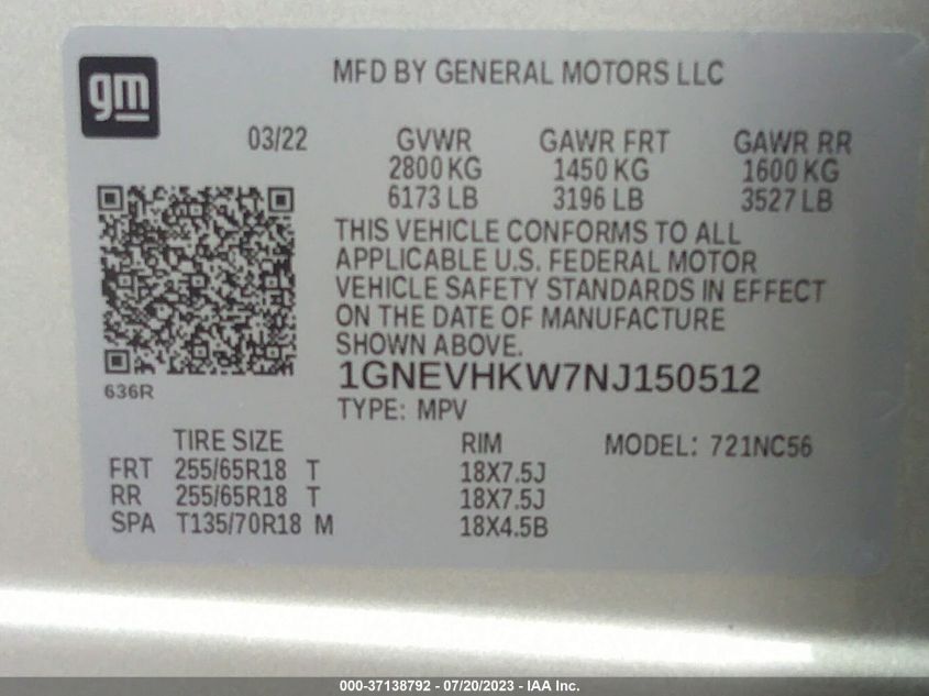 2022 CHEVROLET TRAVERSE LT LEATHER - 1GNEVHKW7NJ150512