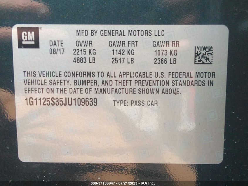 2018 CHEVROLET IMPALA PREMIER - 1G1125S35JU109639