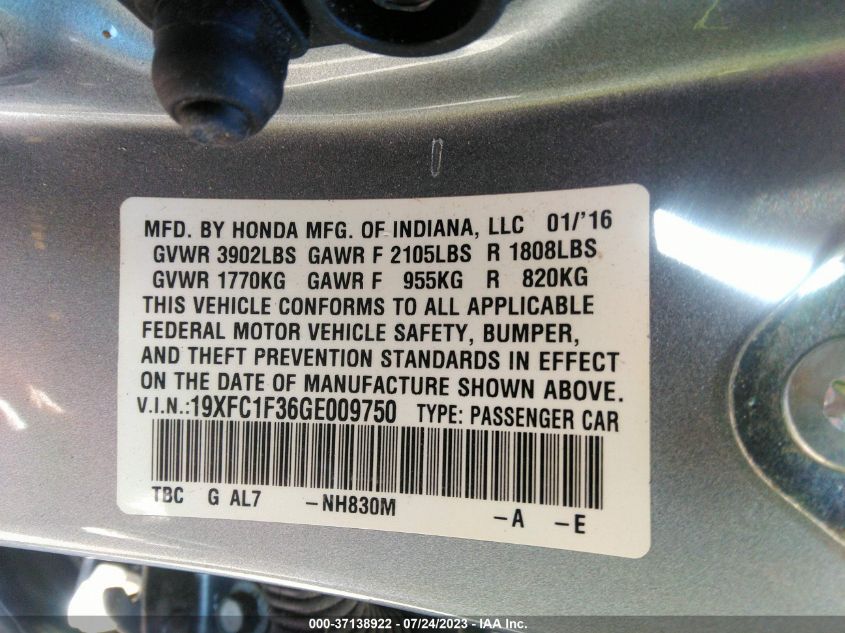 2016 HONDA CIVIC SEDAN EX-T - 19XFC1F36GE009750