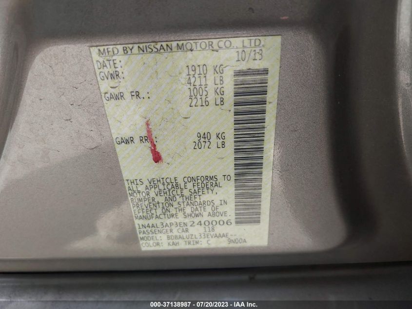 2014 NISSAN ALTIMA 2.5 SV - 1N4AL3AP3EN240006